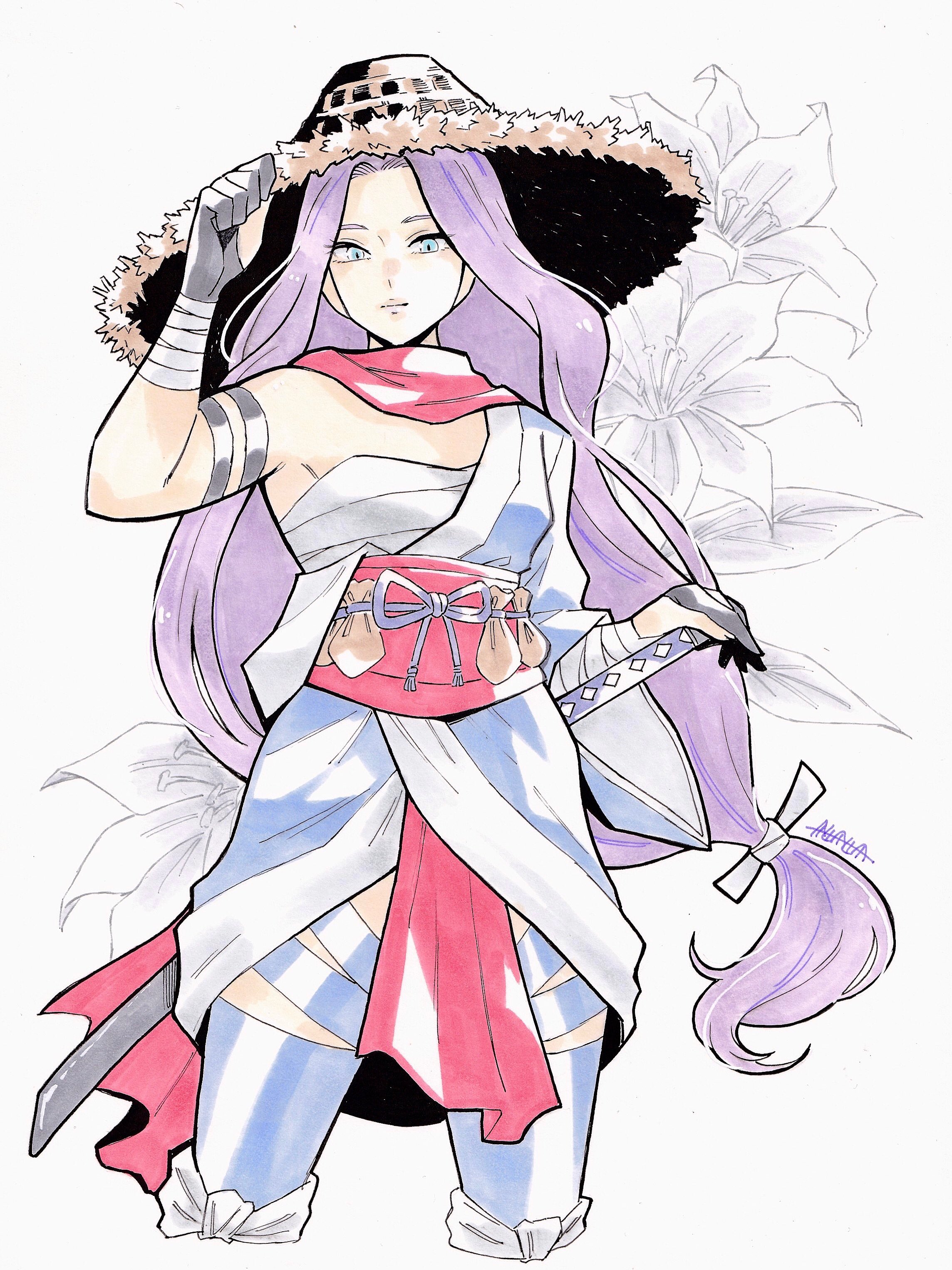 sushi pizza rrr, psylocke, psylocke (sai), marvel, x-men, absurdres, commission, highres, 1girl, breasts, elbow gloves, gloves, hat, holding, holding sword, holding weapon, japanese clothes, katana, kimono, large breasts, long hair, looking at viewer, ponytail, purple eyes, purple hair, sarashi, scarf, solo, superhero costume, sword, weapon