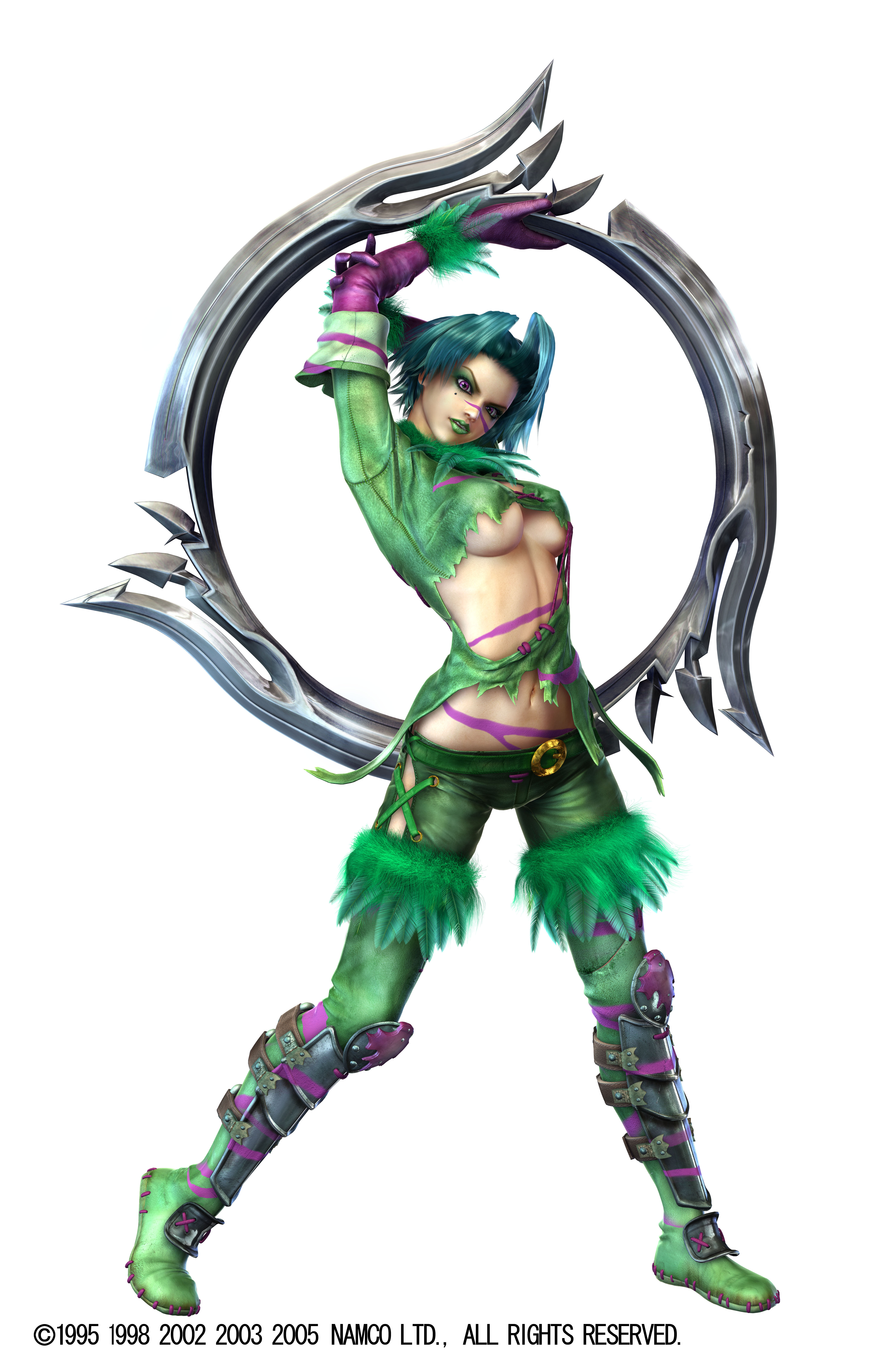 kawano takuji, tira (soulcalibur), soul calibur, soulcalibur, soulcalibur iii, absurdres, highres, official art, 00s, 1990s (style), 1995, 1998, 1girl, 2002, 2003, 2005, 3d, arms up, belt, blue hair, bodypaint, boots, breasts, breasts apart, chakram, company name, cross-laced clothes, dated, eiserne drossel (weapon), elbow gloves, eyelashes, eyeshadow, facepaint, facial mark, feathers, female focus, full body, fur trim, gloves, green boots, green lips, head tilt, holding, holding own arm, holding weapon, huge weapon, jewelry, large breasts, leather, leather pants, legs apart, lipstick, looking at viewer, makeup, midriff, mole, mole under eye, navel, no bra, pants, parted lips, purple eyes, purple gloves, retro artstyle, revealing clothes, ring, ring blade, shin guards, short hair, simple background, sleeves rolled up, solo, standing, thigh boots, thighhighs, torn clothes, underboob, weapon, white background
