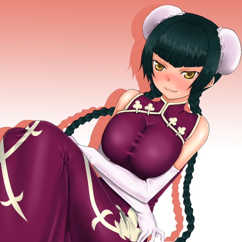 rokuichi, wang liu mei, gundam, gundam 00, 00s, 1girl, breasts, bun cover, china dress, chinese clothes, dress, female focus, gradient background, lying, solo