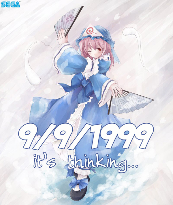 yukitarou (awamori), saigyouji yuyuko, sega, touhou, 1990s (style), 1999, 1girl, dual wielding, english text, female focus, folding fan, game console, hand fan, hat, holding, sega dreamcast, solo, spirit