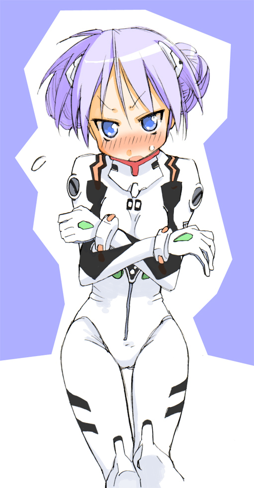 mikami komata, mikami konu, ayanami rei, hiiragi kagami, lucky star, neon genesis evangelion, >:o, 1girl, :o, alternate hairstyle, angry, ayanami rei (cosplay), blue eyes, blush, bodysuit, bracer, breasts, cosplay, cowboy shot, crossed arms, double bun, embarrassed, female focus, flying sweatdrops, gloves, hair bun, hair ornament, hair up, interface headset (evangelion), looking at viewer, mecha pilot suit, nose blush, open mouth, outline, parody, parted bangs, plugsuit (cosplay), plugsuit (evangelion), purple background, purple hair, short hair, simple background, skinny, small breasts, solo, standing, sweatdrop, thigh gap, tsurime, turtleneck, v-shaped eyebrows