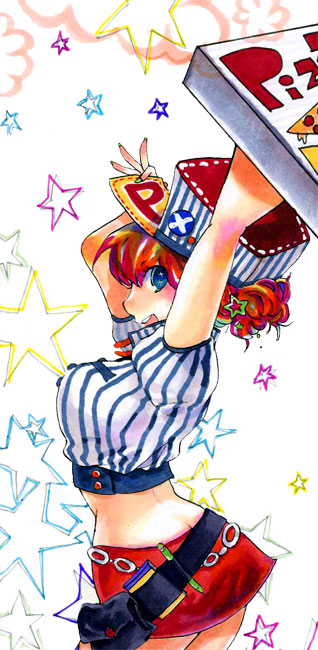 tsubasa (artist), original, belt, food, hat, pizza, skirt, solo