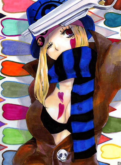 tsubasa (artist), original, 1girl, bikini, bikini top only, black bikini, blonde hair, breasts, cleavage, female focus, hat, heart, large breasts, long hair, one eye closed, purple eyes, scarf, skull, solo, striped clothes, striped scarf, swimsuit, tattoo, upper body, weapon