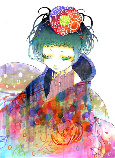 tsubasa (artist), original, 1girl, bare shoulders, collarbone, colored eyelashes, female focus, floral print, green hair, japanese clothes, kimono, long sleeves, short hair, simple background, solo, upper body, white background