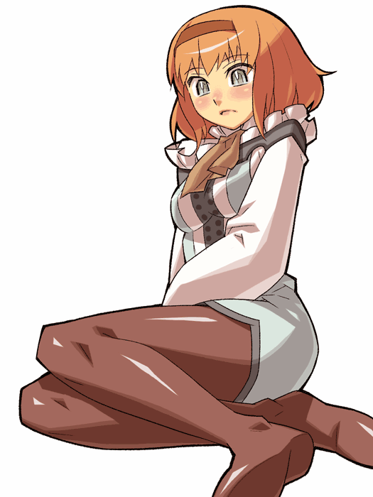 itsumo nokoru, natalia luzu kimlasca lanvaldear, tales of (series), tales of the abyss, archived source, 1girl, anime coloring, aqua dress, aqua eyes, ascot, black outline, blue trim, blush, breasts, brown ascot, brown hairband, brown pantyhose, buttons, collar, dress, frilled collar, frilled dress, frills, frown, hairband, knees together feet apart, lips, long sleeves, looking at viewer, medium breasts, medium hair, no shoes, nose blush, off-shoulder dress, off shoulder, orange hair, outline, pantyhose, shirt, short dress, simple background, sitting, sleeveless, sleeveless dress, soles, solo, split mouth, straight hair, thick outlines, undershirt, white background, white shirt, white sleeves, yokozuwari
