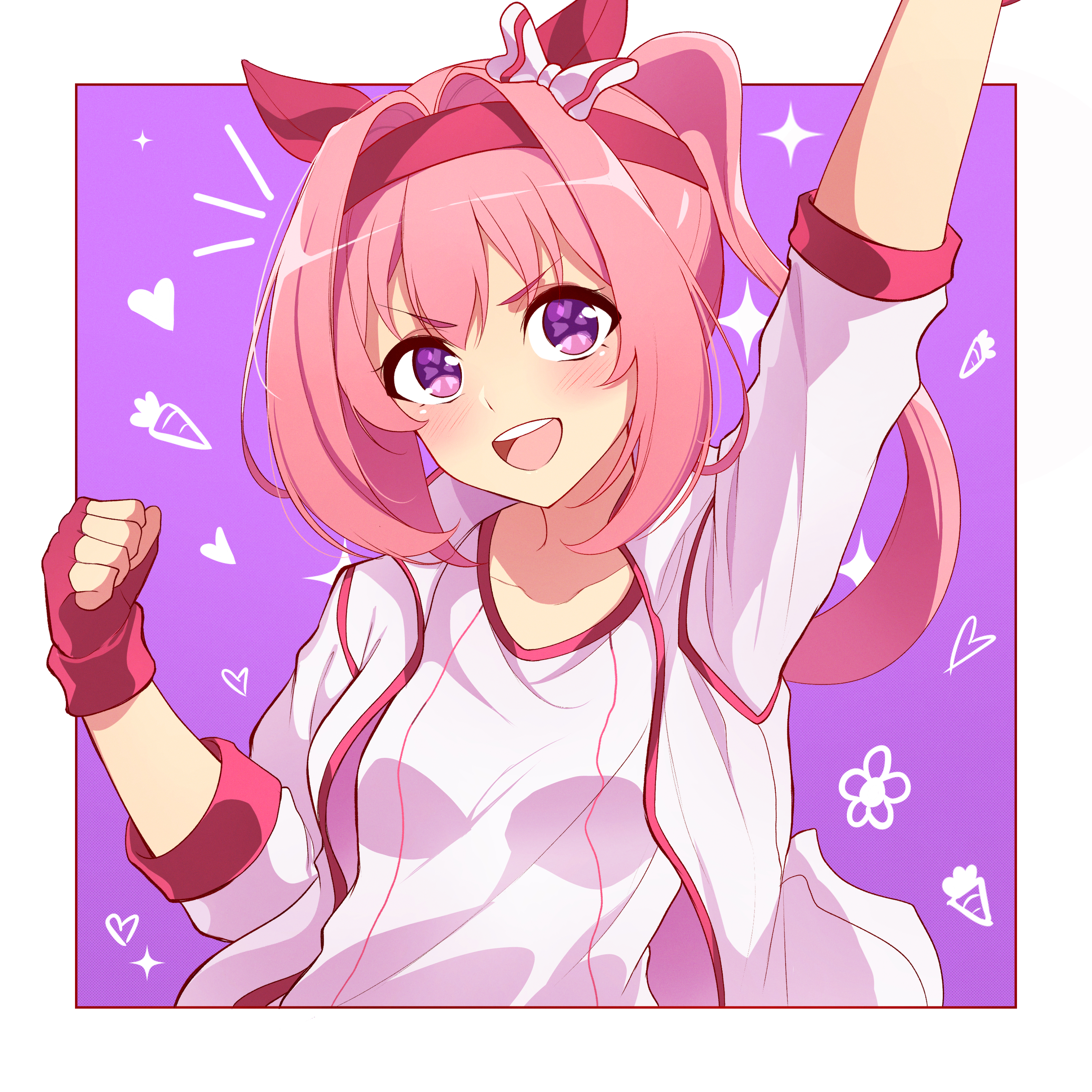 midori (midori13579), haru urara (umamusume), umamusume, absurdres, commentary, highres, 1girl, animal ears, arm up, blush, border, ear covers, fingerless gloves, gloves, hairband, horse ears, horse girl, jacket, long hair, looking at viewer, open mouth, outside border, pink hair, purple eyes, smile, solo, three-quarter sleeves, white border