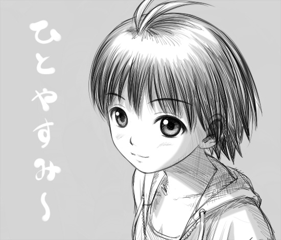 nekopuchi, kikuchi makoto, idolmaster, idolmaster (classic), idolmaster 1, translated, 00s, 1girl, antenna hair, female focus, greyscale, monochrome, nekopuchim, sketch, solo