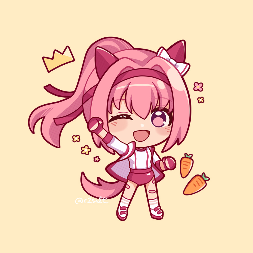 r2salt, haru urara (umamusume), umamusume, 1girl, animal ears, bandaid, bandaid on leg, blush, bow, buruma, carrot, crown, ear bow, ear covers, fingerless gloves, flower, gloves, hairband, haru urara (bestest prize) (umamusume), headband, horse ears, horse girl, horse tail, jacket, long hair, looking at viewer, one eye closed, open mouth, pink buruma, pink eyes, pink hair, pink headband, ponytail, purple eyes, red buruma, red gloves, red headband, shirt, simple background, smile, socks, solo, striped clothes, striped socks, tail, white jacket, white shirt