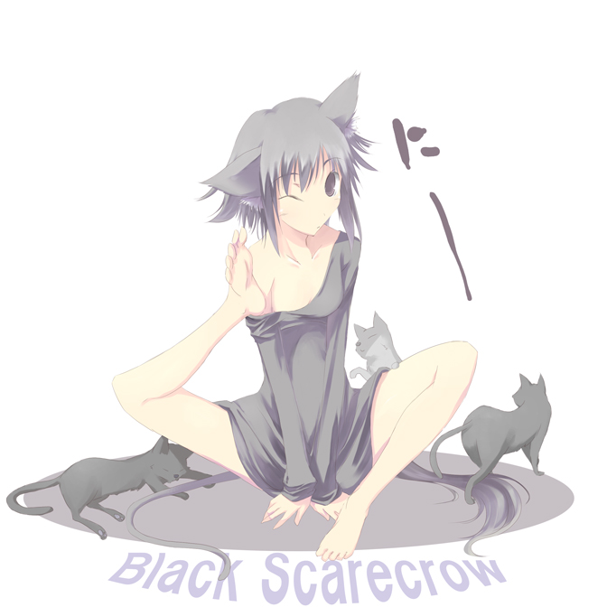 satomi (black scarecrow), original, 1girl, animal ears, barefoot, bottomless, cat ears, feet, female focus, solo