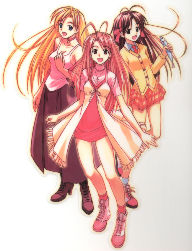 akamatsu ken, mai (itsudatte my santa), narusegawa naru, program #30, ai ga tomaranai!, itsudatte my santa, itsudatte my santa!, love hina, 3girls, antenna hair, black eyes, blonde hair, blue eyes, boots, brown hair, camisole, choker, christmas, creator connection, cross, earrings, fish, hairband, high heels, jewelry, latin cross, long hair, multiple girls, necklace, necktie, pink eyes, pink hair, plaid clothes, plaid skirt, program, santa costume, school uniform, serafuku, shoes, skirt, sneakers