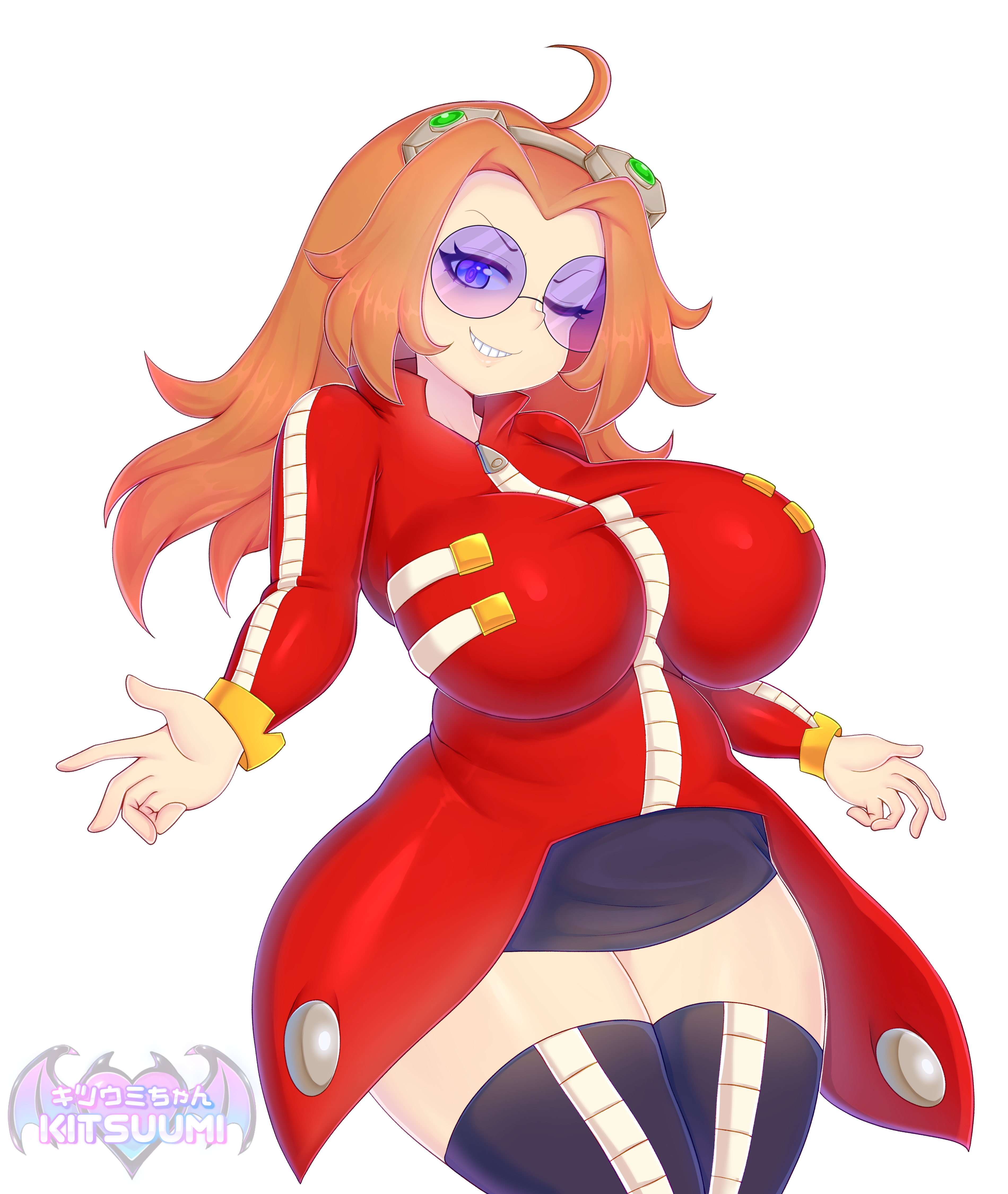 kitsuumi, dr. eggman, eggma'am, sonic (series), absurdres, commentary, english commentary, highres, variant set, 1girl, ahoge, black skirt, blue-tinted eyewear, blue eyes, borrowed design, breasts, coat, cowboy shot, genderswap, genderswap (mtf), glasses, goggles, goggles on head, grin, large breasts, long hair, long sleeves, looking at viewer, one eye closed, orange hair, round eyewear, simple background, skirt, smile, solo, standing, sunglasses, thighhighs, tinted eyewear, white background, wide hips, zettai ryouiki