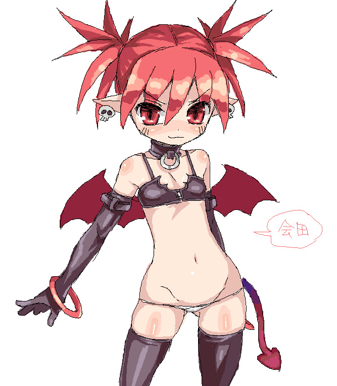 aida takanobu, etna (disgaea), disgaea, makai senki disgaea, translated, 00s, 1girl, bikini, demon girl, elbow gloves, female focus, gloves, lowleg, lowleg panties, micro bikini, oekaki, panties, red eyes, red hair, skindentation, solo, swimsuit, tail, thighhighs, twintails, underwear, wings