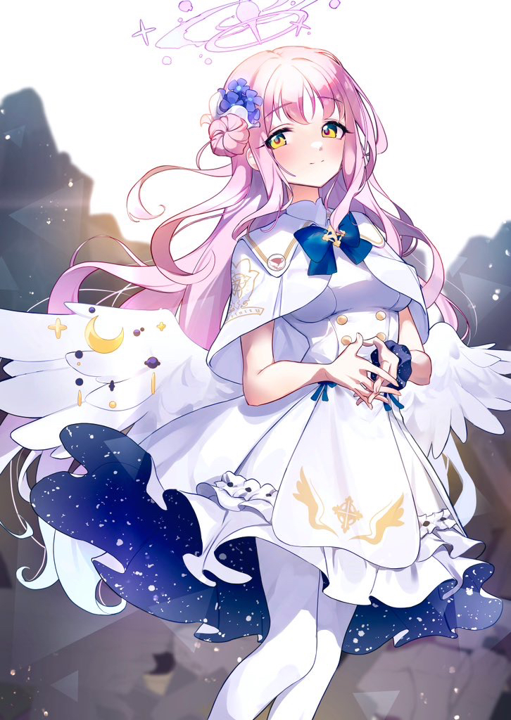 ponshu (ponshuislife), mika (blue archive), blue archive, 1girl, angel wings, blue bow, blush, bow, breasts, buttons, capelet, closed mouth, dress, feathered wings, flower, frilled dress, frills, gold trim, hair bun, hair flower, hair ornament, halo, long hair, looking at viewer, low wings, medium breasts, pantyhose, pink hair, pink halo, scrunchie, single hair bun, single side bun, smile, solo, very long hair, white capelet, white pantyhose, white wings, wing ornament, wings, wrist scrunchie, yellow eyes