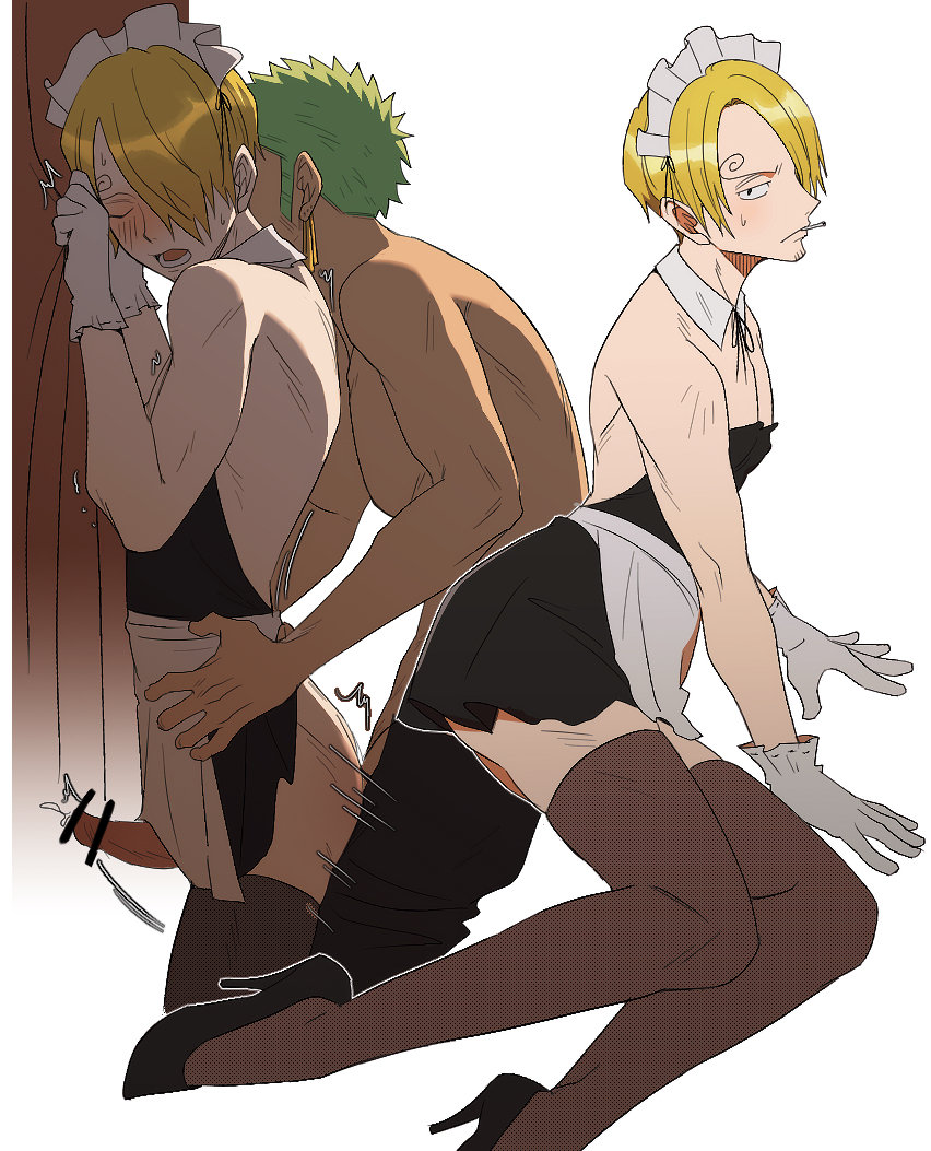p5naq pv, roronoa zoro, sanji (one piece), one piece, 2boys, anal, apron, bare shoulders, black dress, black shoes, black skirt, blonde hair, blush, cigarette, couple, crossdressing, crossdressing (mtf), curly eyebrows, detached collar, dress, earrings, erection, frilled hairband, frills, from side, gloves, green hair, hair over one eye, hairband, high heels, jewelry, maid, maid apron, maid headdress, male focus, miniskirt, motion lines, multiple boys, open mouth, penis, sex, sex from behind, shoes, short hair, skirt, strapless, strapless dress, sweatdrop, thighhighs, topless male, white gloves, yaoi