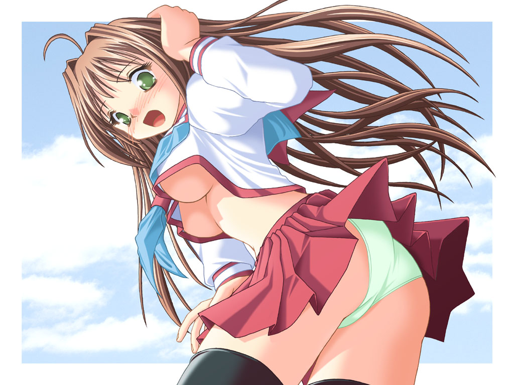 1girl, blush, breasts, female focus, large breasts, panties, pantyshot, school uniform, serafuku, skirt, solo, thighhighs, underboob, underwear