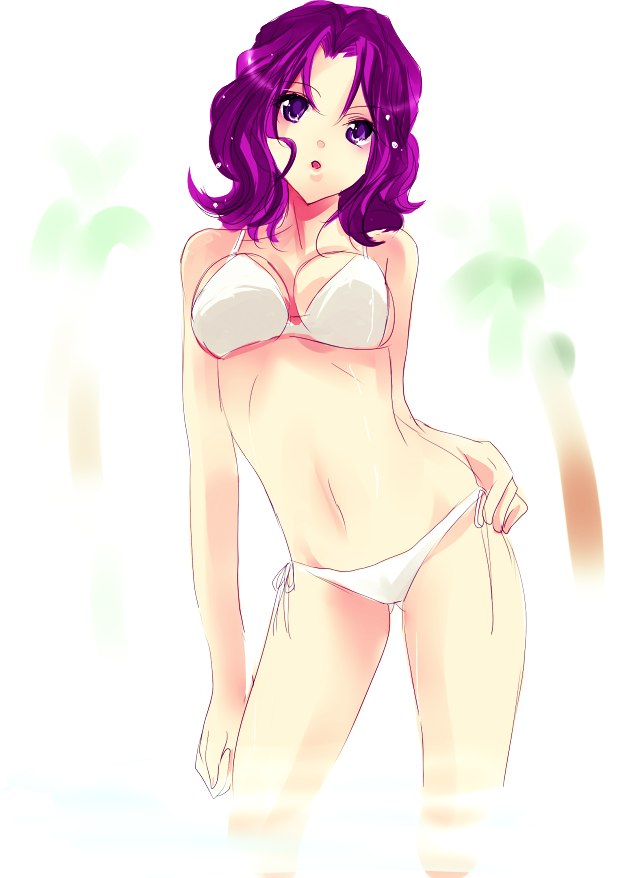 cornelia li britannia, code geass, 00s, 1girl, aged down, beach, bikini, breasts, cleavage, female focus, hand on own hip, hip focus, looking at viewer, medium breasts, open mouth, palm tree, purple eyes, purple hair, side-tie bikini bottom, solo, swimsuit, tree, white bikini