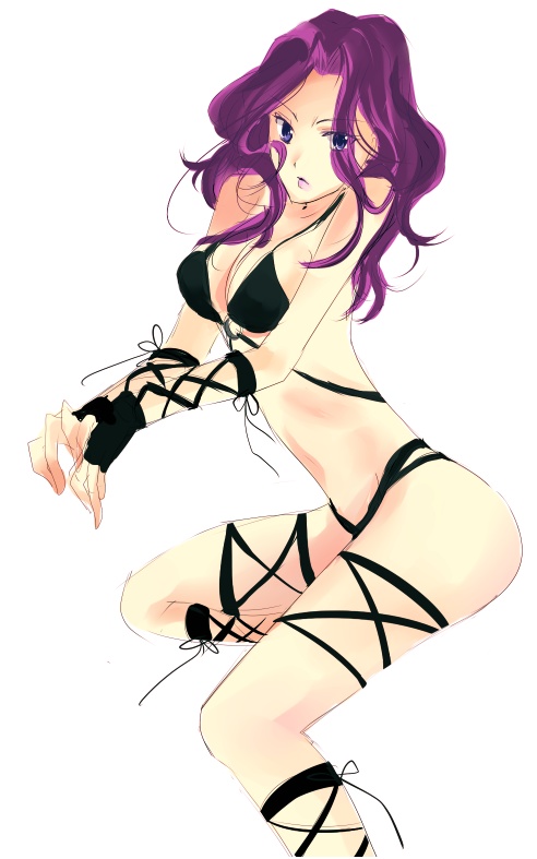 cornelia li britannia, code geass, 00s, 1girl, bikini, black bikini, breasts, curly hair, female focus, long hair, purple eyes, purple hair, solo, swimsuit