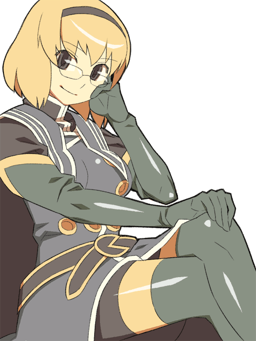itsumo nokoru, jade curtiss, natalia luzu kimlasca lanvaldear, pac-man, tales of (series), tales of the abyss, archived source, 1girl, anime coloring, belt, bike shorts, black belt, black cape, black eyes, black hairband, black outline, black shirt, black shoes, black sleeves, blonde hair, blue coat, blue gloves, blue thighhighs, bob cut, breasts, buttons, cape, coat, company connection, cosplay, elbow gloves, glasses, gloves, hairband, hand on own chin, hand on own knee, high collar, jade curtiss (cosplay), looking at viewer, medium breasts, military coat, military uniform, narrow waist, outline, popped collar, rimless eyewear, round eyewear, shirt, shoes, simple background, sitting, smile, solo, straight hair, surcoat, thick outlines, thighhighs, white background, yellow trim
