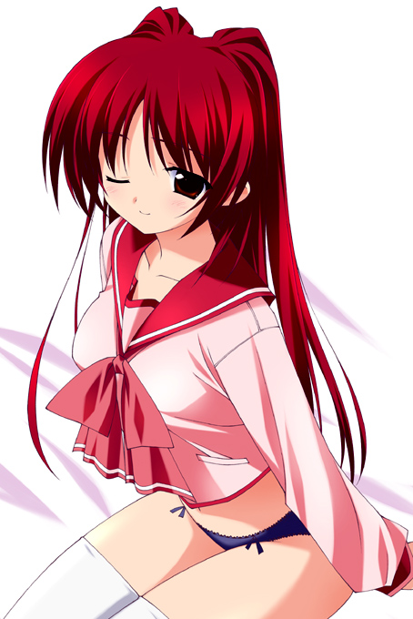 sakana (flame sakana), kousaka tamaki, to heart (series), to heart 2, 00s, 1girl, bed, blush, bow, bow panties, brown eyes, female focus, lace, lace-trimmed panties, lace trim, long hair, no pants, one eye closed, panties, pink bow, red eyes, red hair, school uniform, serafuku, shirt, sitting, smile, solo, thighhighs, underwear, very long hair, white thighhighs, wink