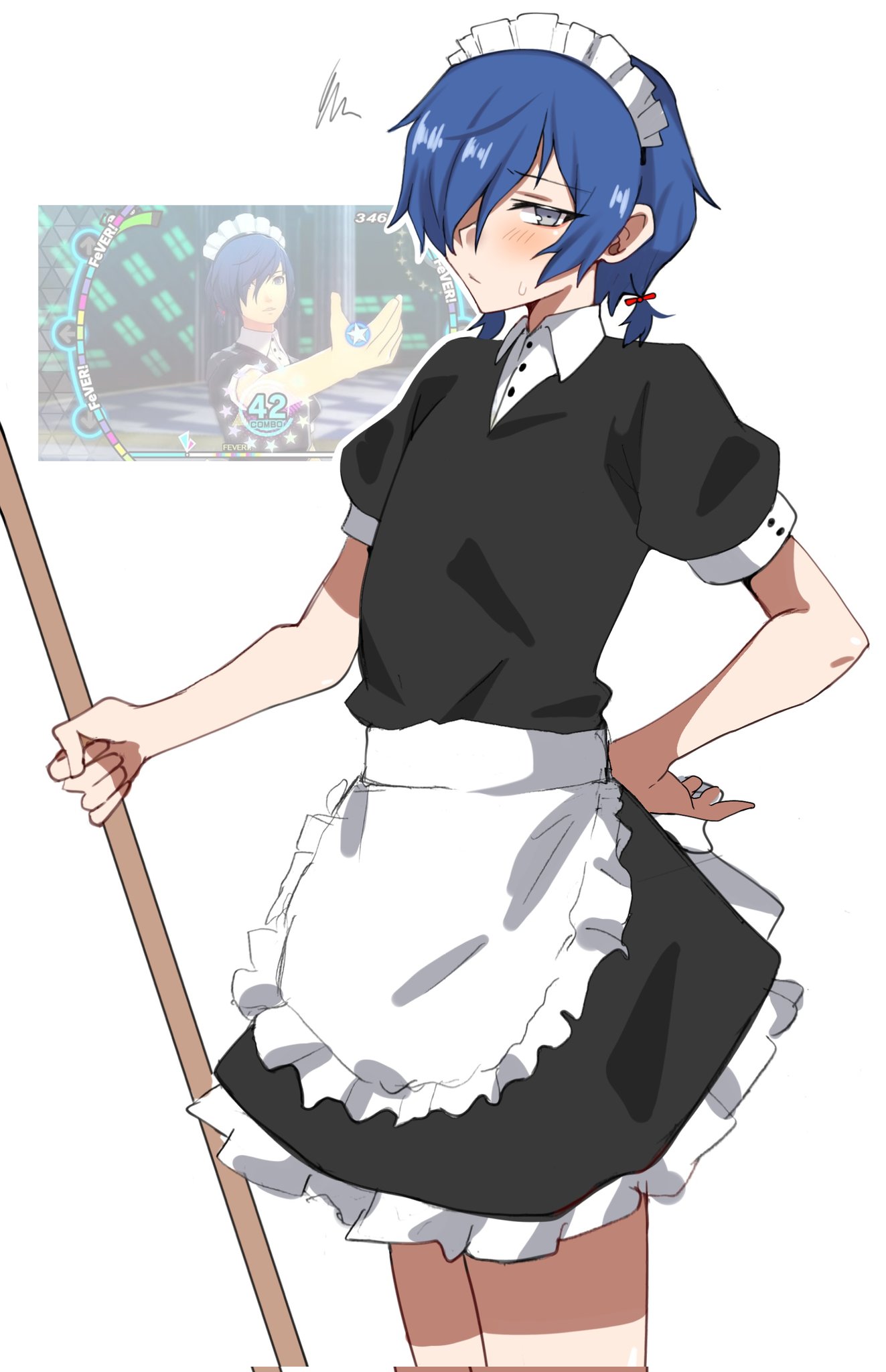 maz 515, yuuki makoto (persona 3), persona, persona 3, persona 3: dancing moon night, persona dancing, commentary request, highres, 1boy, apron, black dress, blue hair, blush, broom, cowboy shot, crossdressing, crossdressing (mtf), dress, frilled apron, frills, game screenshot inset, hair over one eye, hair ribbon, hand on own hip, holding, holding broom, looking at viewer, low twintails, maid, maid apron, maid headdress, male focus, official alternate costume, puffy short sleeves, puffy sleeves, red ribbon, reference inset, ribbon, short hair, short sleeves, solo, squiggle, sweatdrop, twintails, white apron
