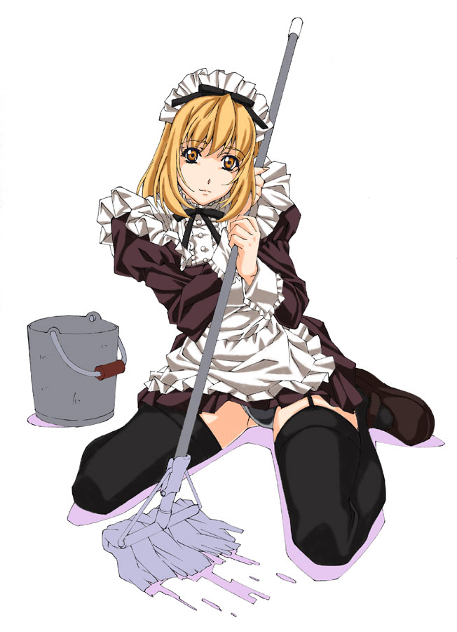 kuroishi ringo, 1girl, black panties, black thighhighs, blonde hair, bucket, female focus, frills, full body, garter belt, garter straps, kneeling, lingerie, maid, maid headdress, mop, panties, pantyshot, short hair, smile, solo, thighhighs, underwear, yellow eyes