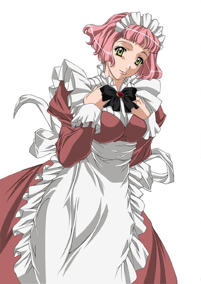 kuroishi ringo, himeno fumi, my-hime, 00s, 1girl, :p, bow, breasts, brooch, dress, female focus, frills, green eyes, jewelry, maid, maid headdress, pink hair, short hair, simple background, solo, tongue, tongue out
