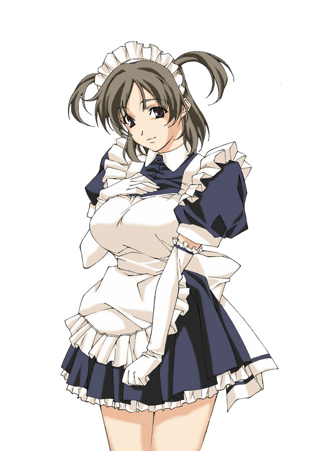 kuroishi ringo, 1girl, breasts, dress, elbow gloves, female focus, frills, gloves, grey eyes, grey hair, large breasts, maid, maid headdress, short dress, short hair, short twintails, simple background, smile, solo, twintails