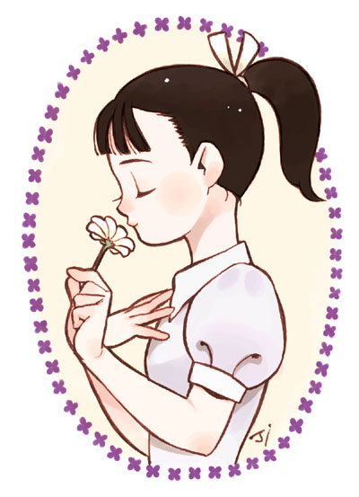 koike sadaji, tagme, 1girl, female focus, flower, ponytail, smelling, smelling flower, solo