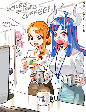 raine (acke2445), nami (one piece), ulti (one piece), who's who (one piece), one piece, commentary, lowres, symbol-only commentary, 1boy, 2girls, alternate costume, alternate hairstyle, blue hair, blue skirt, breasts, brown eyes, brown skirt, coffee, coffee mug, collared shirt, cowboy shot, cup, hair bun, horns, id card, large breasts, light blush, long hair, mask, mouth mask, mug, multiple girls, office, office lady, open mouth, orange hair, pink eyes, pink hair, shirt, sidelocks, single sidelock, skirt, white shirt