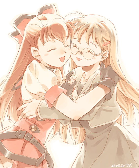 koike sadaji, majikina soara, mxs combat de reines, 2girls, ^ ^, black gloves, bow, closed eyes, glasses, gloves, hair ornament, hairclip, happy, long hair, multiple girls