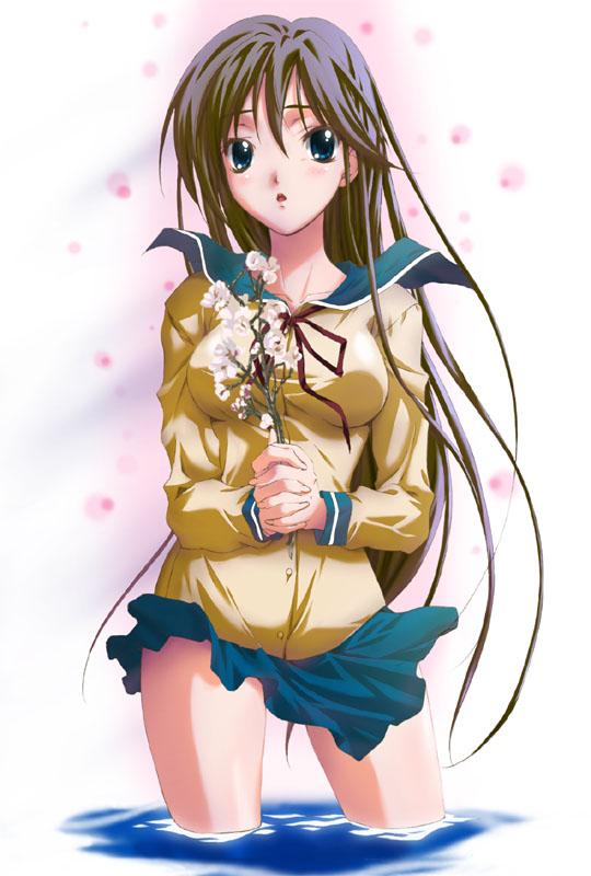 koshimizu takayuki, 1girl, blue eyes, female focus, flower, long hair, school uniform, serafuku, solo, water, wind