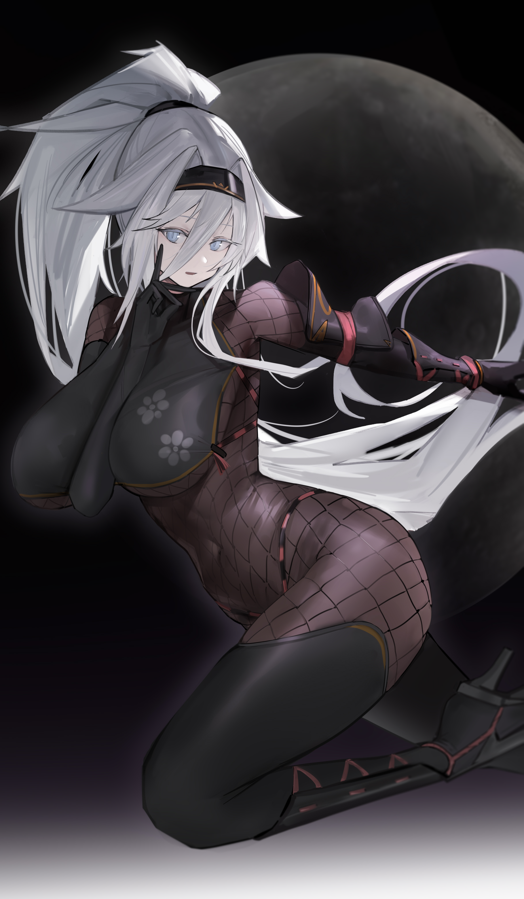 e baishui, sovetsky soyuz (azur lane), azur lane, black bodystocking, absurdres, highres, 1girl, black bodysuit, black boots, black gloves, black hairband, blue eyes, bodystocking, bodysuit, boots, breasts, colored eyelashes, covered navel, elbow gloves, fishnet bodystocking, fishnets, gloves, hairband, high heel boots, high heels, high ponytail, large breasts, long hair, looking at viewer, ninja, official alternate costume, parted lips, ponytail, solo, sovetsky soyuz (stringed interrogation) (azur lane), thigh boots, very long hair, white hair