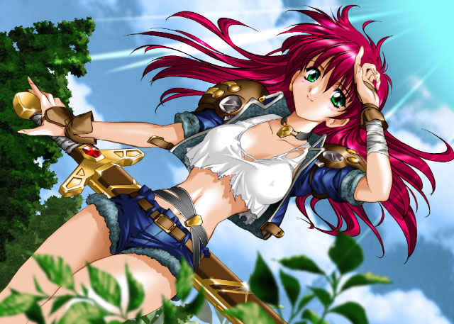 komatsu eiji, 1girl, arm up, bandages, belt, blue sky, breasts, cloud, cloudy sky, collarbone, crop top, cropped jacket, denim, denim shorts, female focus, green eyes, jacket, leaf, light smile, long hair, looking at viewer, midriff, shirt, short shorts, short sleeves, shorts, shoulder pads, sky, smile, solo, sword, tank top, torn clothes, tree, weapon, white shirt, wind