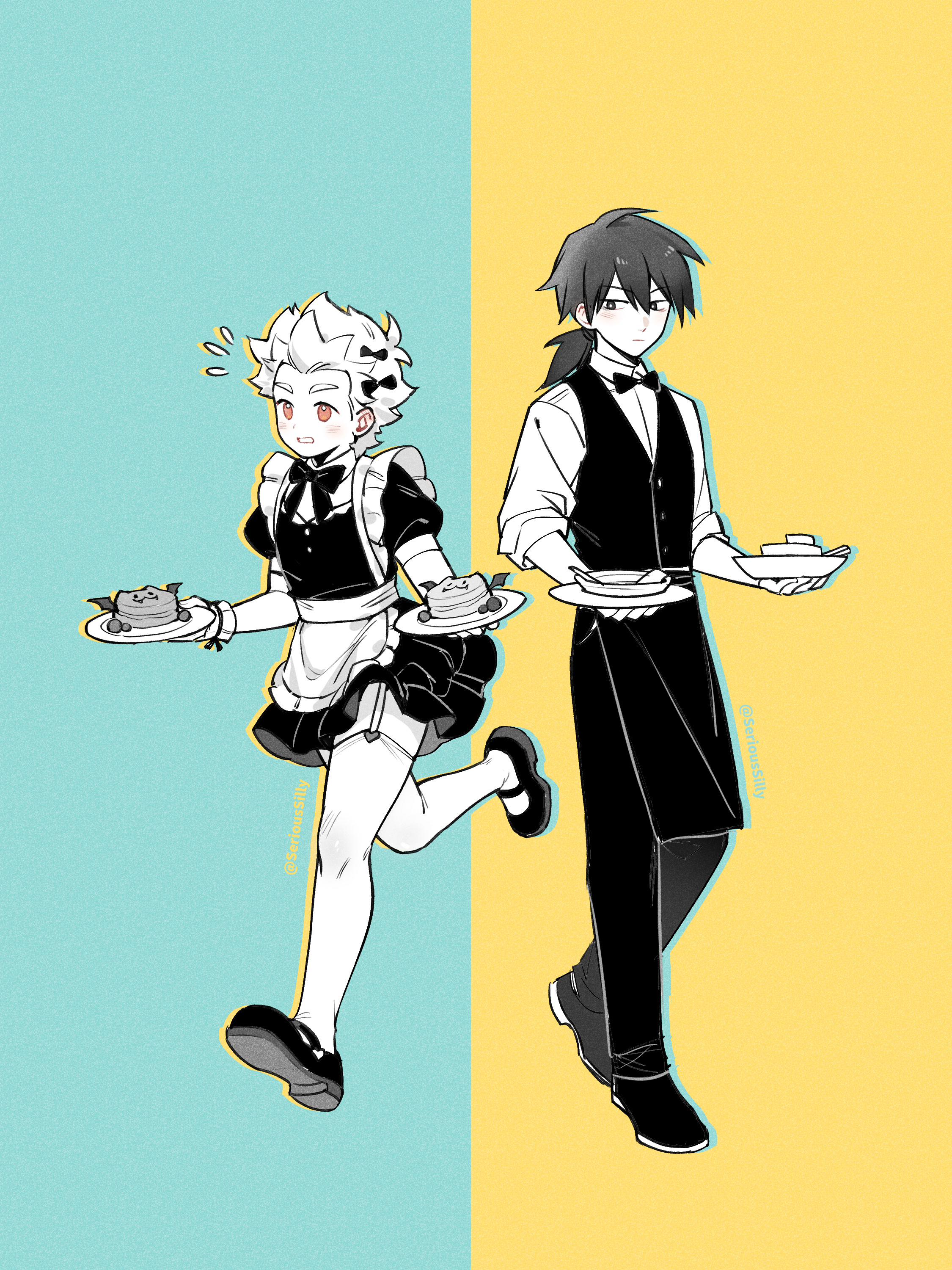 luo xiaohei zhanji, absurdres, highres, 2boys, alternate costume, apron, aqua background, black apron, black bow, black hair, black pants, black shoes, black thighhighs, black vest, bow, enmaided, formal clothes, frilled apron, frills, hair bow, holding, holding plate, jia (the legend of luoxiaohei), long hair, maid, maid apron, multiple boys, pants, plate, ponytail, shirt, shoes, short hair, siri nunuko, suit, thighhighs, two-tone background, vest, white apron, white hair, white shirt, yellow background, yi (the legend of luoxiaohei)