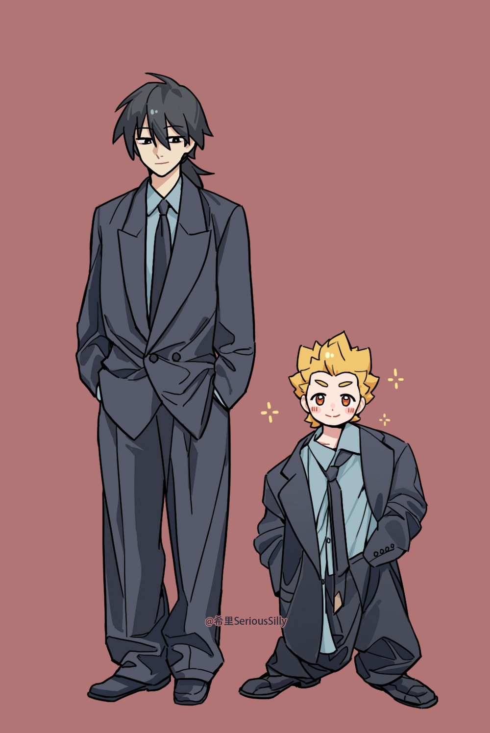 luo xiaohei zhanji, highres, 2boys, aged down, black hair, black jacket, black necktie, black pants, black shoes, blonde hair, blue shirt, formal clothes, jacket, jia (the legend of luoxiaohei), long hair, multiple boys, necktie, pants, ponytail, red background, shirt, shoes, short hair, siri nunuko, sparkle, suit, yi (the legend of luoxiaohei)
