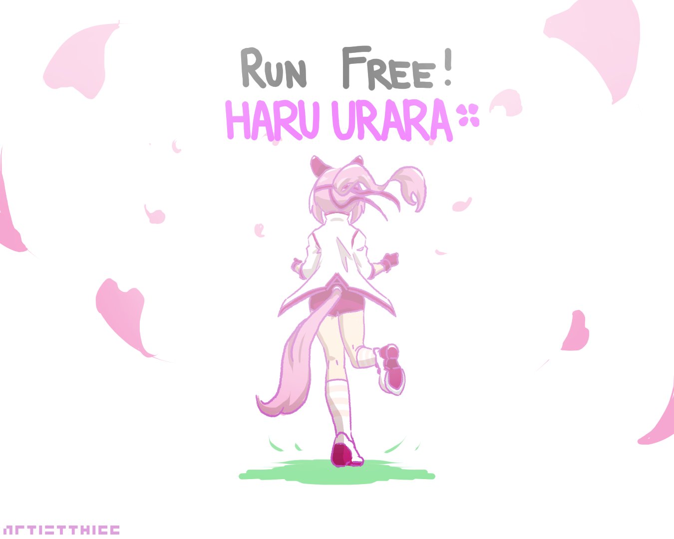 artistthicc arttwerks, haru urara (umamusume), umamusume, 1girl, animal ears, buruma, ear covers, english text, from behind, gloves, hairband, haru urara (bestest prize) (umamusume), headband, horse ears, horse girl, horse tail, jacket, long hair, pink buruma, pink hair, pink headband, ponytail, red buruma, red gloves, red headband, socks, solo, striped clothes, striped socks, tail, white jacket