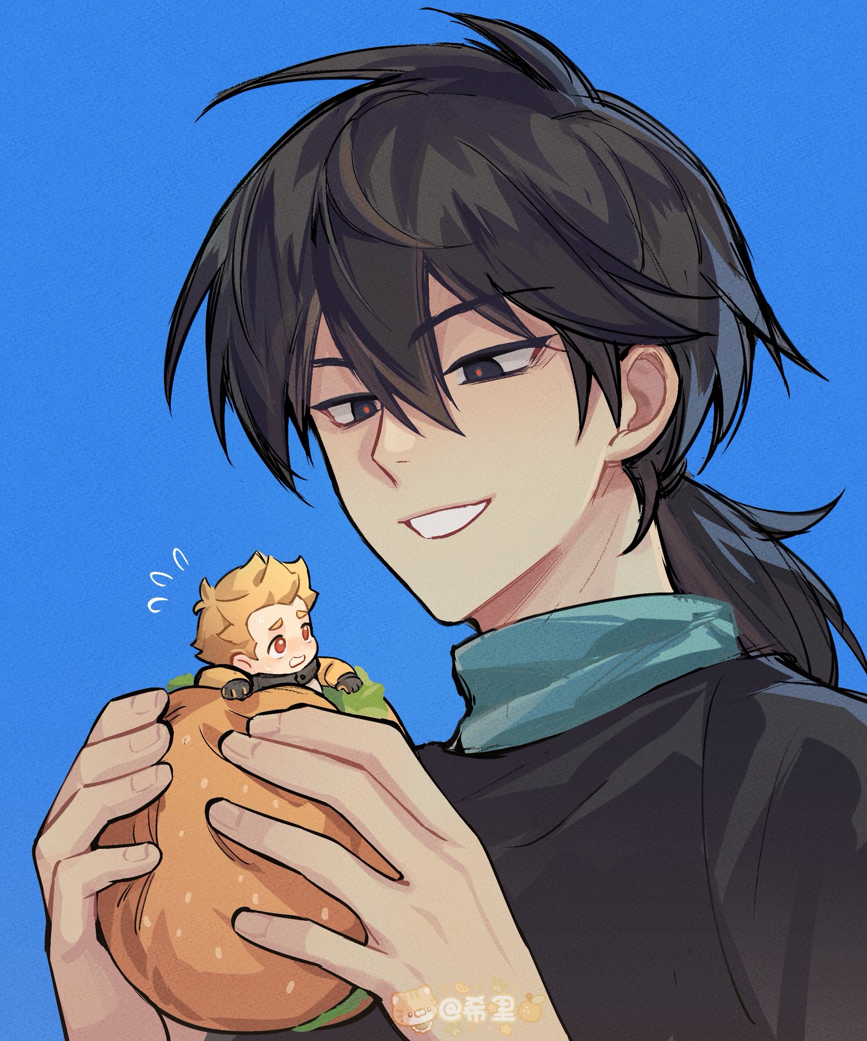 luo xiaohei zhanji, highres, 2boys, black eyes, black hair, blonde hair, blue background, brown eyes, burger, food, hair between eyes, holding, holding food, jia (the legend of luoxiaohei), long hair, multiple boys, ponytail, short hair, simple background, siri nunuko, yi (the legend of luoxiaohei)
