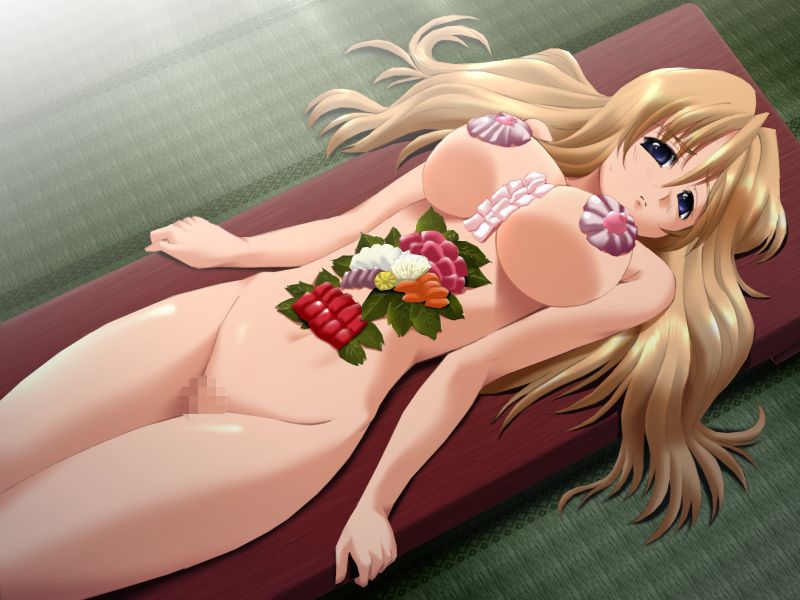 mizutani yukari, ryoujoku tonari no onee-san, game cg, 1girl, blonde hair, breasts, censored, female focus, food, huge breasts, large breasts, long hair, nude, nyotaimori, solo