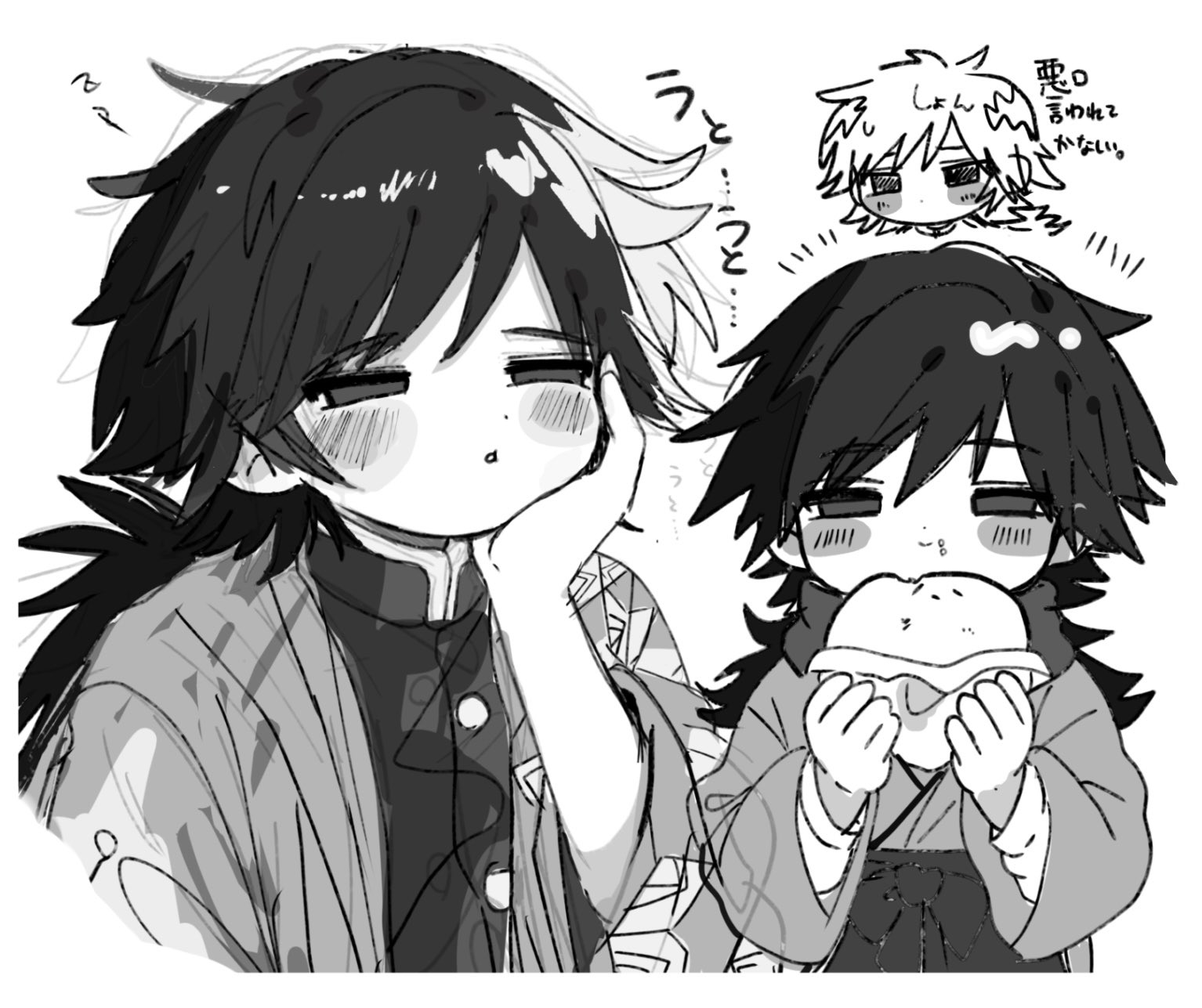 tomioka giyuu, kimetsu no yaiba, highres, translation request, 1boy, black hair, black jacket, blush stickers, buttons, chibi, demon slayer uniform, empty eyes, greyscale, half-closed eyes, hand up, haori, head rest, high collar, jacket, japanese clothes, kikkoumon, kimono, low ponytail, male focus, monochrome, multiple views, ponytail, print haori, simple background, spiked hair, upper body, usisandao, white background