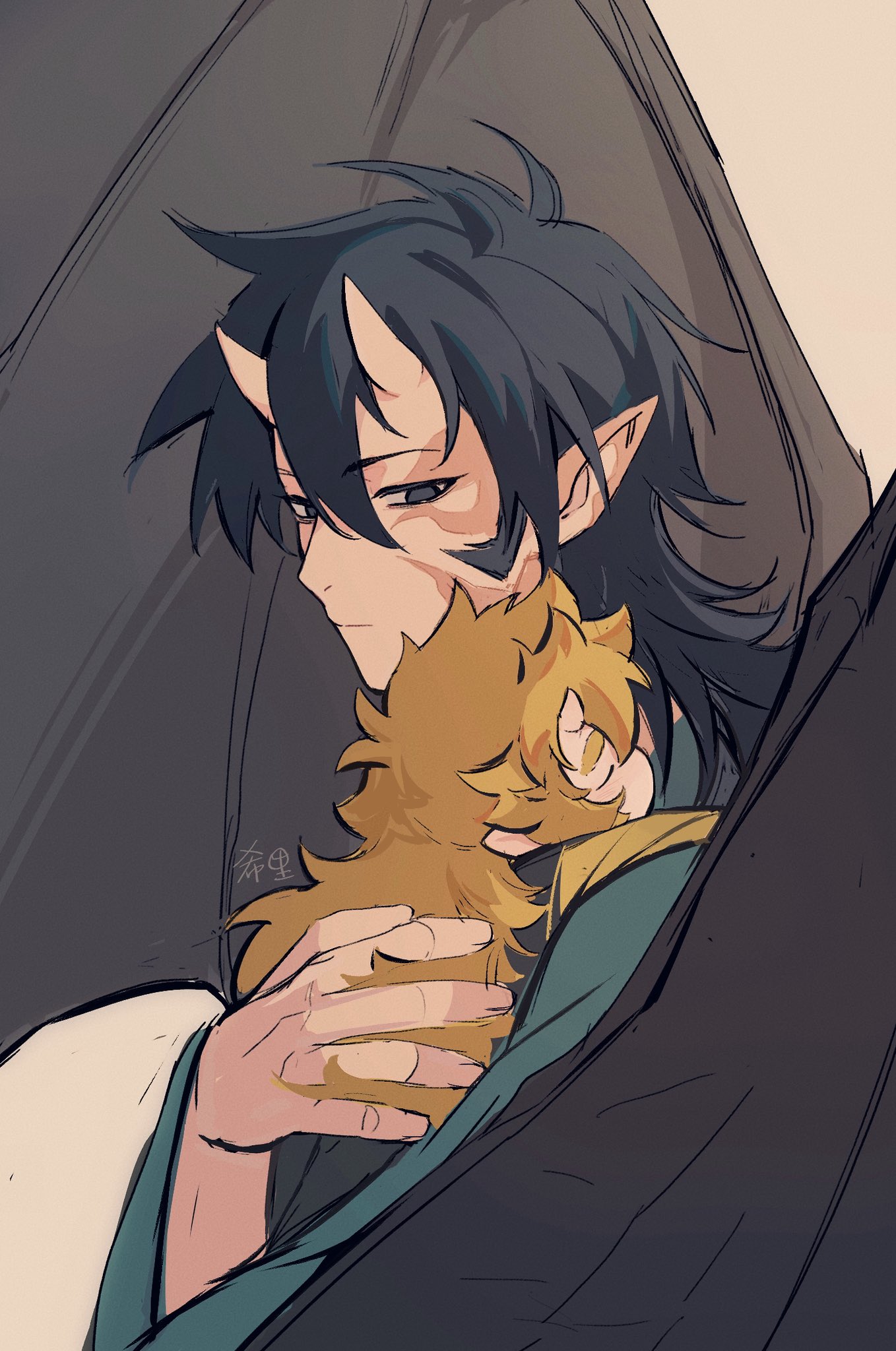luo xiaohei zhanji, highres, 2boys, alternate size, black hair, blonde hair, closed eyes, hair between eyes, horns, jia (the legend of luoxiaohei), long hair, multiple boys, pointy ears, ponytail, siri nunuko, wings, yi (the legend of luoxiaohei)