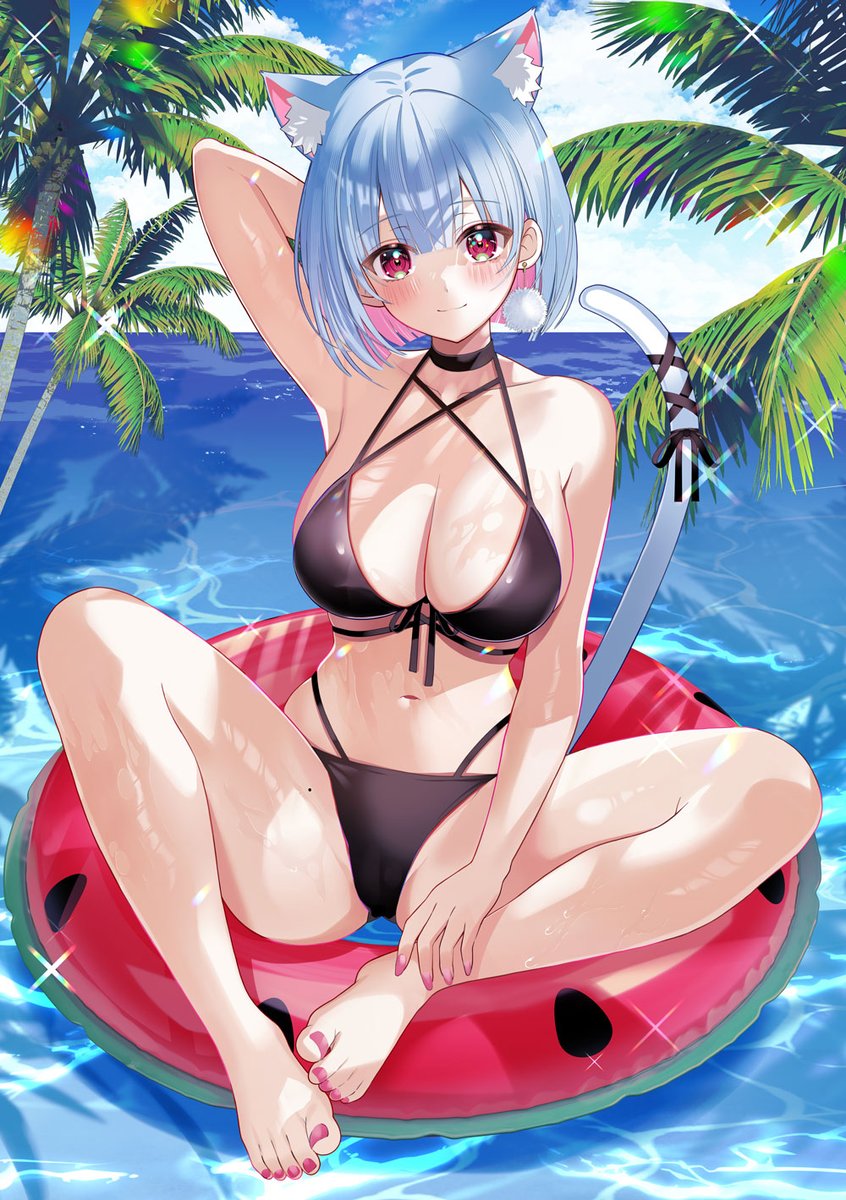 motsunuki, shikai yue, indie virtual youtuber, highres, 1girl, animal ear fluff, animal ears, arm behind head, bikini, black bikini, blue hair, blue tail, blush, breasts, cat ears, cat girl, cat tail, choker, cleavage, collarbone, colored inner hair, earrings, front-tie bikini top, front-tie top, groin, halterneck, highleg, highleg bikini, indian style, innertube, jewelry, large breasts, looking at viewer, medium hair, multicolored hair, navel, ocean, on innertube, palm tree, pink hair, red eyes, side-tie bikini bottom, single earring, sitting, smile, solo, swim ring, swimsuit, tail, tree, two-tone hair, virtual youtuber