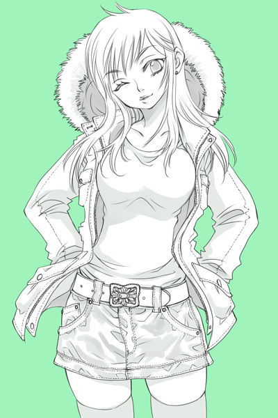 sabusuka, original, fur, 1girl, belt, coat, female focus, hands in pockets, head tilt, hood, lipstick, long hair, makeup, miniskirt, monochrome, one eye closed, pencil skirt, simple background, skirt, smile, solo, standing, thighhighs, wink, zettai ryouiki