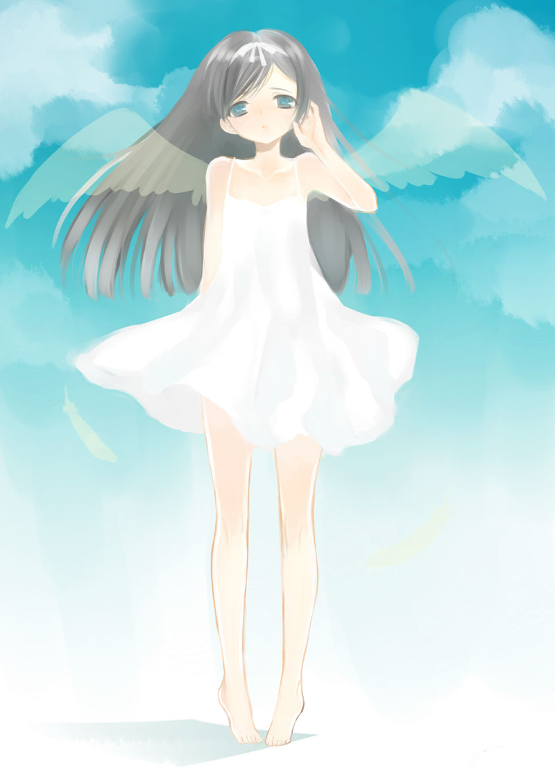 maitou, original, 1girl, angel wings, barefoot, black hair, blue eyes, cloud, day, dress, female focus, hair ribbon, long hair, ribbon, sky, solo, wings