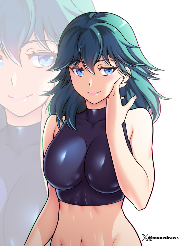 etchimune, female byleth (fire emblem), fire emblem, fire emblem: three houses, nintendo, commentary, english commentary, 1girl, artist name, bare shoulders, black shirt, blue eyes, breasts, closed mouth, crop top, green hair, hair between eyes, hand on own face, large breasts, light blush, medium hair, navel, shirt, sleeveless, sleeveless shirt, smile, solo, twitter username, twitter x logo