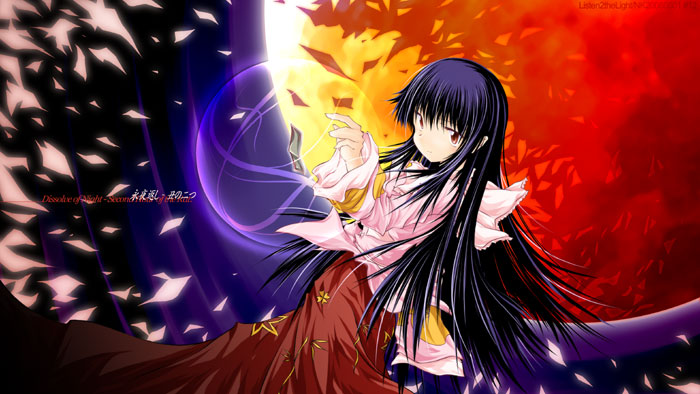 nobuyuki, houraisan kaguya, touhou, 1girl, black hair, blouse, bow, bowtie, dutch angle, female focus, full moon, long hair, long skirt, long sleeves, looking at viewer, moon, petals, red eyes, red skirt, shirt, skirt, solo, standing, very long hair, white bow, white bowtie