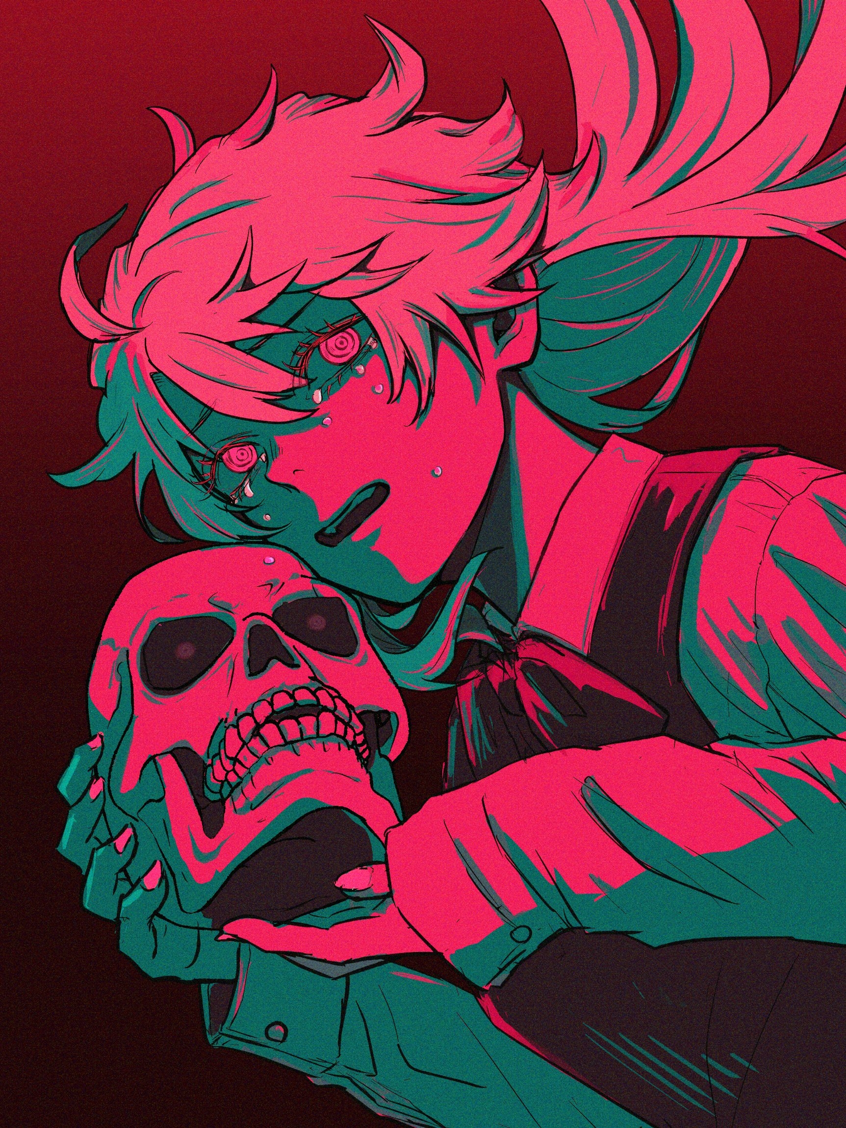 shkshnk, famine devil (chainsaw man), chainsaw man, commentary, english commentary, highres, 1girl, black dress, black ribbon, collared shirt, dress, fourth east high school uniform, holding, holding skull, limited palette, long hair, neck ribbon, open mouth, pink eyes, pink hair, ribbon, ringed eyes, school uniform, shirt, skull, solo, tears, white shirt
