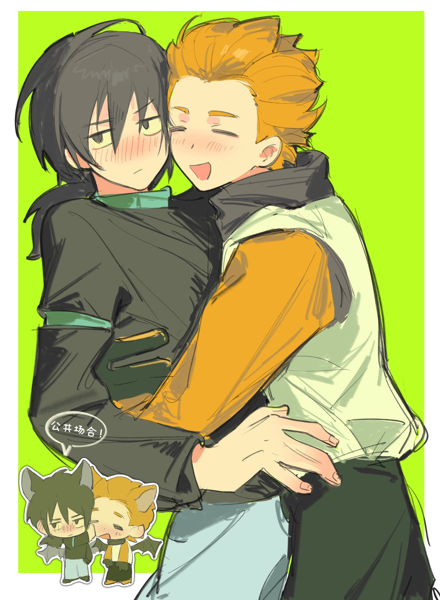 luo xiaohei zhanji, highres, 2boys, black hair, black pants, black shirt, blonde hair, blue pants, blush, closed eyes, green background, hug, jia (the legend of luoxiaohei), long hair, long sleeves, multiple boys, multiple views, open mouth, pants, ponytail, shiabb yu, shirt, short hair, simple background, smile, wings, yi (the legend of luoxiaohei)