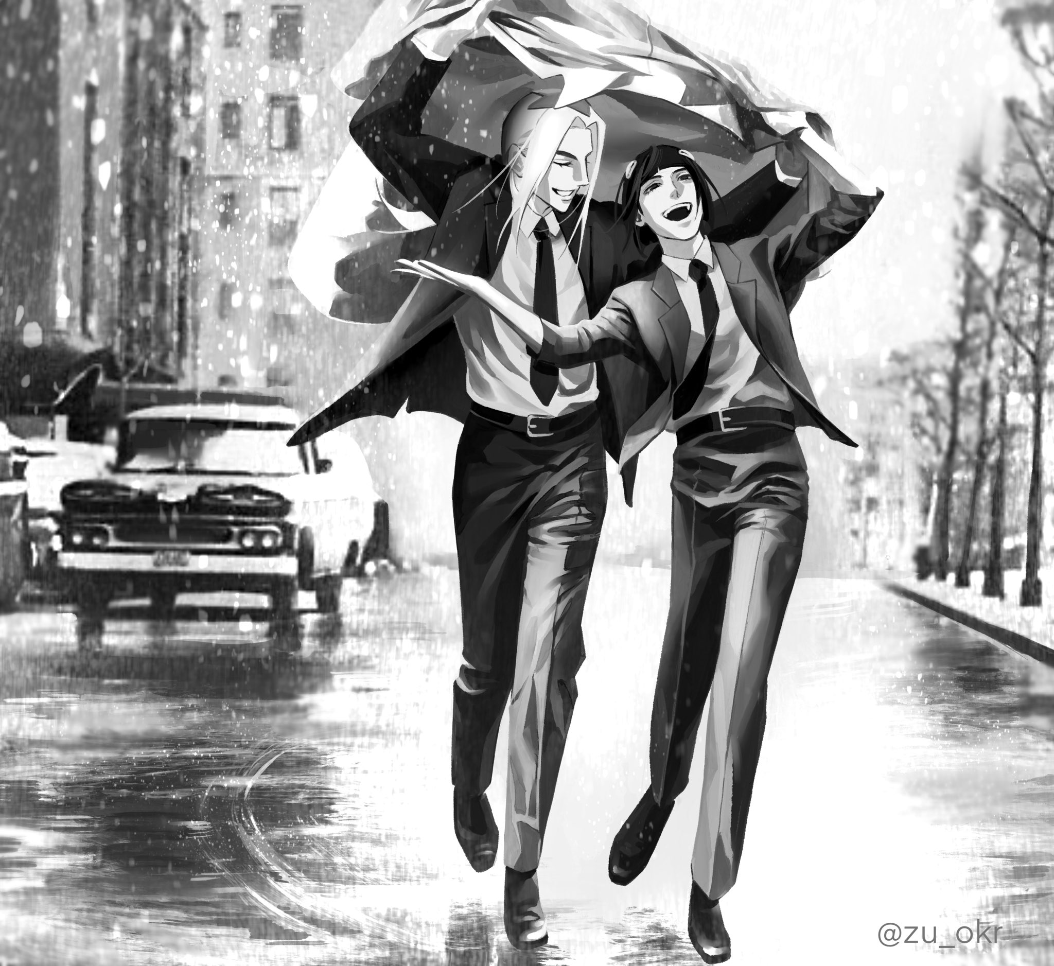bruno bucciarati, leone abbacchio, jojo no kimyou na bouken, vento aureo, commentary, english commentary, highres, 2boys, ^ ^, alternate costume, arms up, bare tree, belt, bob cut, building, car, city, closed eyes, collared shirt, dancing, dress shoes, formal clothes, full body, greyscale, hair ornament, hairclip, happy, holding, holding jacket, holding unworn clothes, jacket, laughing, long hair, long sleeves, looking at another, male focus, monochrome, motor vehicle, multiple boys, necktie, open clothes, open jacket, open mouth, outdoors, pants, parted bangs, rain, road, shirt, shoes, short hair, smile, street, suit, suit jacket, tree, unworn jacket, walking, winter, yaoi, zu okr