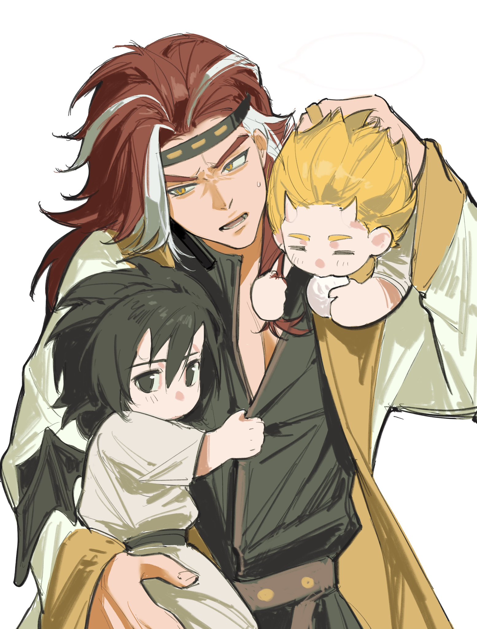 luo xiaohei zhanji, highres, 3boys, black eyes, black hair, blonde hair, chinian, closed eyes, horns, jia (the legend of luoxiaohei), male focus, multicolored hair, multiple boys, red hair, shiabb yu, simple background, streaked hair, upper body, white background, white hair, yellow eyes, yi (the legend of luoxiaohei)