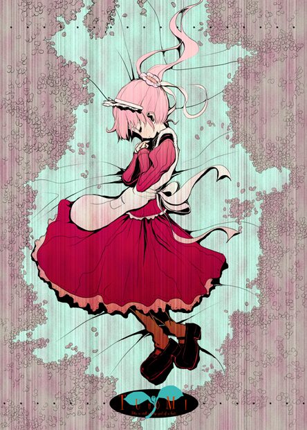 aoki shin, original, 1girl, boots, brown boots, closed eyes, dress, female focus, floating, floating hair, from side, full body, head down, knee boots, long sleeves, maid, pink hair, ponytail, profile, red dress, solo